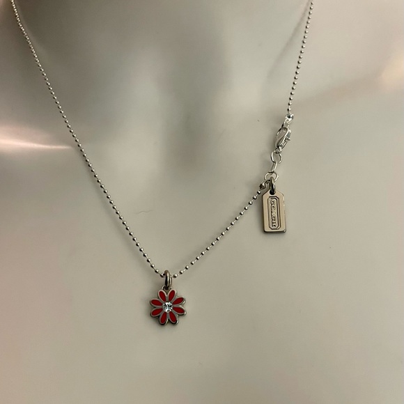 Coach Hot Pink Enamel Crystal Mini Daisy Pendant .925 Sterling Silver Necklace - Picture 6 of 7